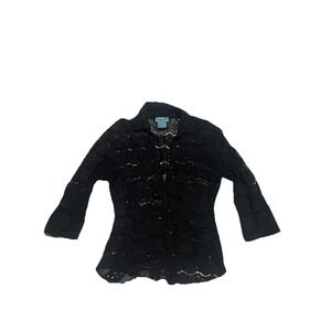 Letarte Women's Black Skull Lace Crochet Swim Cover-Up Top Button Down Size S